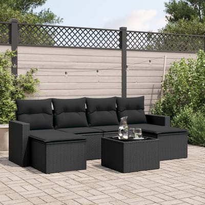 vidaXL - 7-delige - Loungeset - met - kussens - poly - rattan - zwart