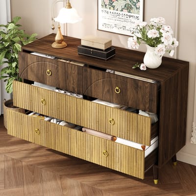DESMIU Dressoir - Retro Design Met Zes Lades En Warme Houtnerf - Voor Woonkamer Slaapkamer En Hal - MDF En Spaanplaat - 120x40x81 Cm - Naturel