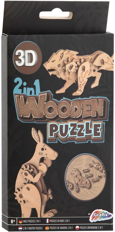 2-in-1 Houten Bouwpakket 3D Puzzel - Kangoeroe en Leeuw