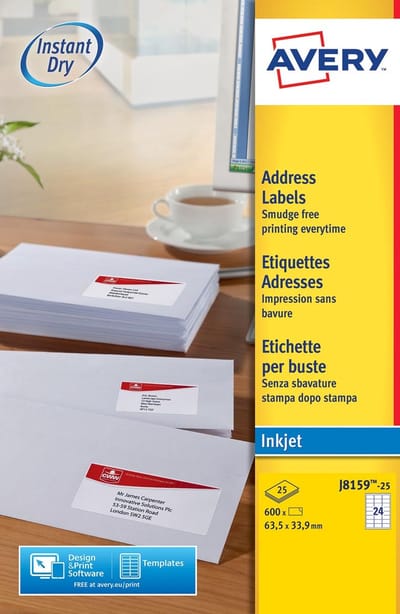 Avery J8159-25 adresetiketten ft 63,5 x 33,9 mm (b x h), 600 etiketten, wit 5 stuks