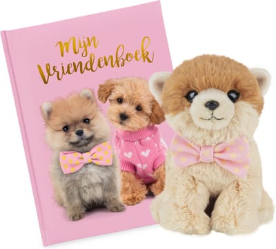 Studio Pets® Set van Honden Vriendenboek en Knuffel Pomeriaan Hond PomPom 16 cm – Cadeauset voor kinderen