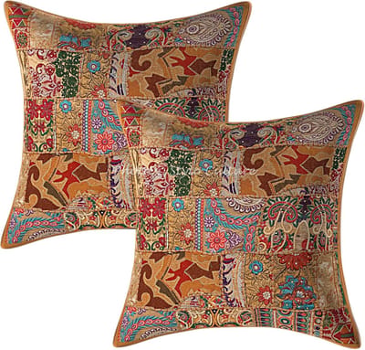 Decoratieve Kussenslopen - Vintage Stof - Bohemian Sfeer - Uniek Patchwork Ontwerp - 60x60 cm Set 2 - Kaki
