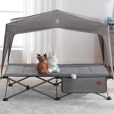 Kinderbed opvouwbaar met dak - Veldbed voor kinderen - Draagbaar klapbed 131x69 cm