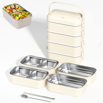 KZQ 4-laagse roestvrijstalen bento box lekbestendig stapelbaar lunchbox voor volwassenen en kinderen school picknick werk crèmewit