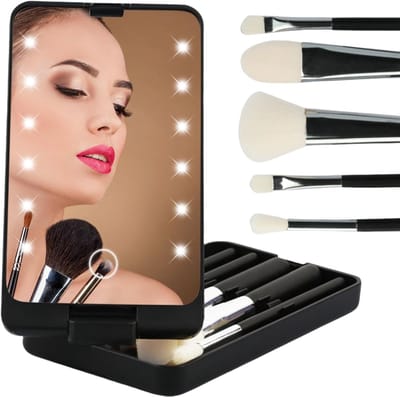 Spiegel - LED Make-up Spiegel Draaibaar - Inclusief 5 Delig Mini Make-up Borstelset - Oplaadbaar via USB - Zwart