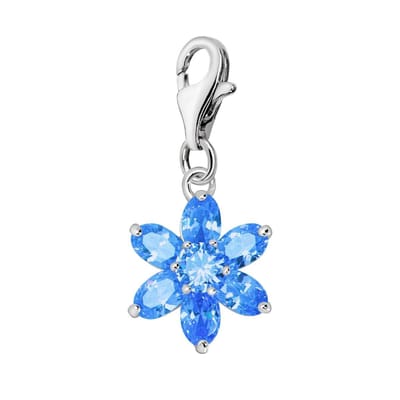 Quiges – Charm – Hanger - Zirkonia Bloem Blauw - Verzilverd - karabijnslot - geschikt - voor - Bedelarmband - QHC220