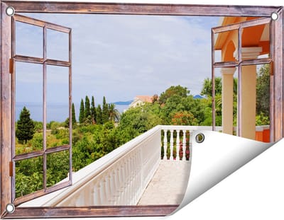 Gards Tuinposter Doorkijk Terras in Toscane - 60x40 cm - Tuindoek - Tuindecoratie - Wanddecoratie buiten - Tuinschilderij
