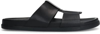 Manfield - Heren - Zwarte leren slippers - Maat 40