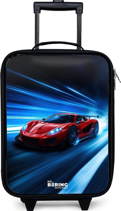 NoBoringSuitcases.com® - Kinderkoffer jongen - Kindertrolley meisje - Rode racewagen in digitale snelheidswereld - Koffer kind lichtgewicht - Reiskoffer trolley voor kinderen - Koffertje met lichtgevende wieltjes - Rolkoffer zwart