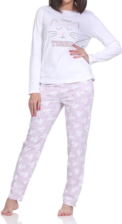 Normann dames pyjama met lange mouwen en kattenmotief – ook in grote maten
