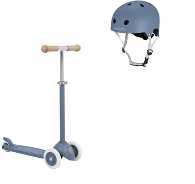 Banwood Eco Scooter + Basket + Eco Fietshelm - Deep Sea - kinderstep - kinder helm - voordeelset