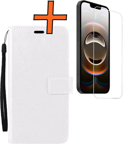 Hoes - Met Screenprotector - Geschikt voor Apple iPhone 16e - Luxe Pasjeshouder - Bookcase Portemonee - Flip Case - Kunstleer Book Case - Flipcase - Book Cover - Walletcase - PortemonneeHoes - Wit