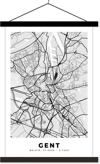 Posterhanger incl. Poster 40x60 cm - Schoolplaat - Plattegrond – Gent – Zwart Wit – Stadskaart - Kaart - Textielposter - Zwarte latten - Stadskaart