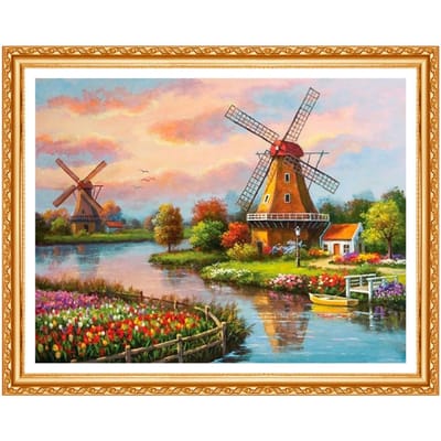 Moulin à vent en diamant brodé, paysage de maison, bricolage, perceuse ronde complète, décoration de maison 20X30CM gray