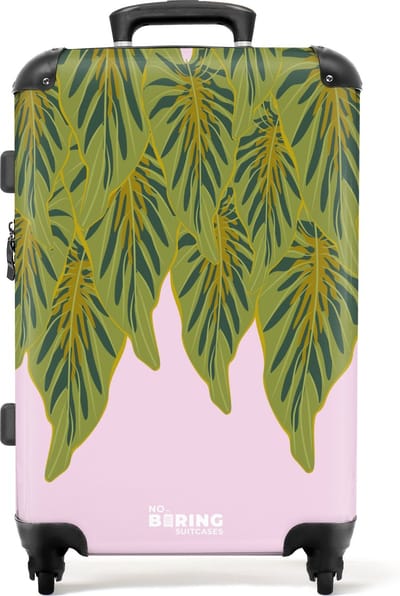 NoBoringSuitcases.com® - Koffer groot - Rolkoffer lichtgewicht - Roze met groene bladeren - Reiskoffer met 4 wielen - Grote trolley XL - 20 kg bagage