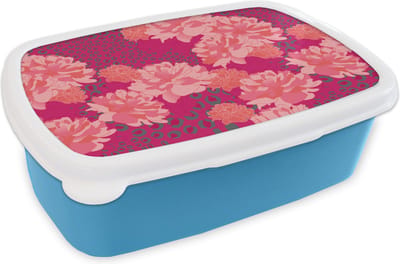 Broodtrommel Blauw - Lunchbox - Brooddoos - Luipaard - Dierenprint - Pioenroos - Patroon - 18x12x6 cm - Kinderen - Jongen