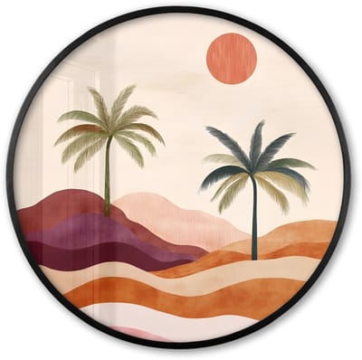Poster in lijst Rond - Fotolijst 60x60 cm - Posters - Palmbomen - Abstract - Zon - Heuvels - Ronde posterlijst zwart - Decoratie - Wanddecoratie woonkamer - Muurdecoratie slaapkamer