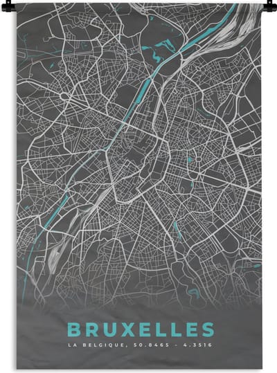 Wandkleed - Wanddoek - Kaart – Plattegrond – Stadskaart – Bruxelles – België - Grijs - 120x180 cm - Wandtapijt