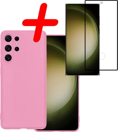 Hoesje Met Screenprotector - Geschikt voor Samsung Galaxy S23 Ultra - Sterk & Shockproof - Back Cover - Siliconen Case - Telefoon Hoes - Lichtroze