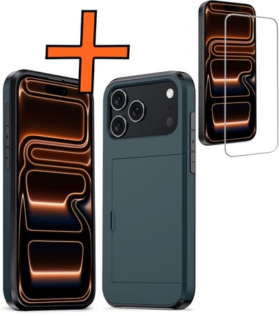 Hoesje Geschikt voor iPhone 17 Pro Hoesje Pasjeshouder Shockproof Hard Case Met Screenprotector - Hoesje Geschikt voor iPhone 17 Pro Hoes Met Kaarthouder - Donkerblauw