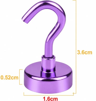 TLVX Haak magneet Paars 16mm x 36mm / Erg sterk / 7 KG trekkracht / Magnetische ophanghaak / Magneet met haak / Metalen haak / Deurmagneet haak voor sleutels / Koelkast magneet handdoek / Magneet gereedschap / Foto magneet met handdoekhaak / 1 stuks