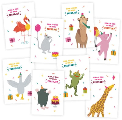 Uitnodigingen kinderfeestje - vrolijke feestdieren - set van 8 (inclusief enveloppen)