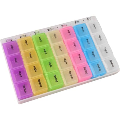 Organisateur Hebdomadaire de Comprimés 28 Compartiments Couleurs Assorties Boîte à Médicaments Transparente Amovible pour Famille Huiles de Poisson Vitamine