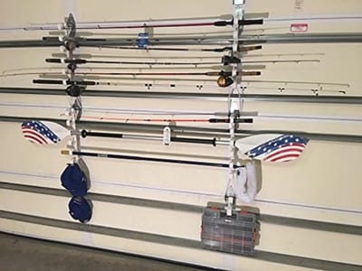 Opbergrek voor garagedeuren met haken voor hengels, kajakpeddels en tuingereedschap