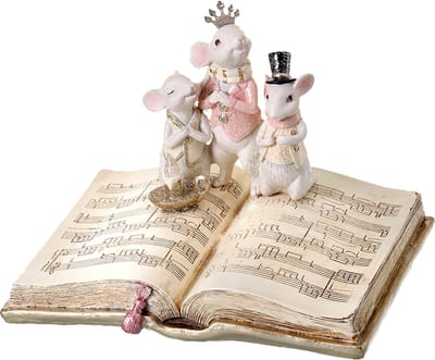 Viv! Christmas Kerstbeeld - Muziekboek met Zingende Muizen en Kaars - roze wit - 23cm