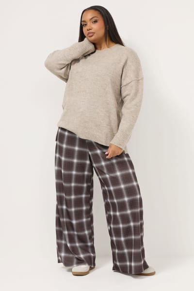 Yours Chocoladebruine Geruite Crêpe Broek Met Wijde Pijpen Size 42