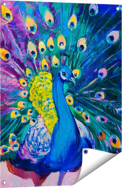 Gards Tuinposter Pauw met Kleurrijke Veren van Olieverf - Abstract - 60x80 cm - Tuindoek - Tuindecoratie - Wanddecoratie buiten - Tuinschilderij