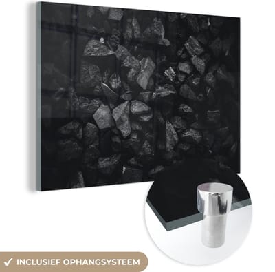 Glasschilderij zwart wit - Zwart - Wit - Stenen - Gesteente - 150x100 cm - Muurdecoratie - Decoratie slaapkamer