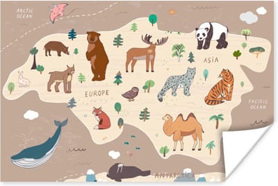 Poster 30x20 cm - Wereldkaart - Bruin - Dieren - Kids - Jongens - Meisjes - Posters - Kamer decoratie - Wanddecoratie woonkamer - Muurdecoratie slaapkamer