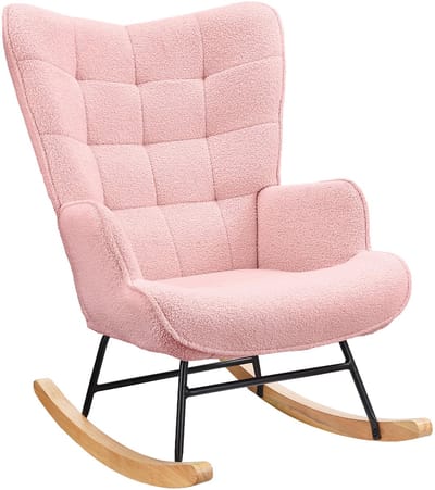Schommelstoel, Verpleegstoel in pluche stof, Schommelstoel met hoge rug, Massief houten en metalen frame, Roze