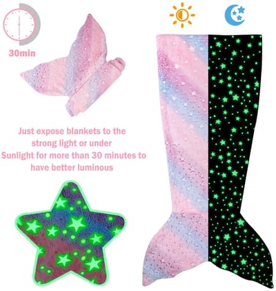 Dailygoods - Zeemeerminstaart-deken - Flanellen deken - Licht op in het donker - Meerkleurige ster - Cadeau voor meisjes - Geschikt voor kinderen - 43...