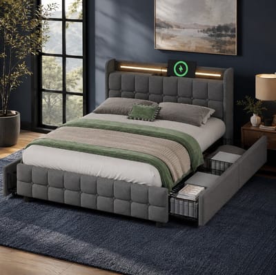 MEUNIQ gestoffeerd tweepersoonsbed 160x200 cm met LED-verlichting, USB en stopcontacten in hoofdbord, 4 lades, lattenbodem en opbergruimte, grijs