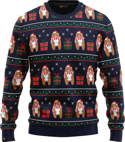 JAP Christmas Kersttrui (maat S) - 100% Gerecycled - Kriebelt niet - Kerstcadeau volwassenen - Foute Kersttrui dames en heren - Beer met geschenk - Donker blauw