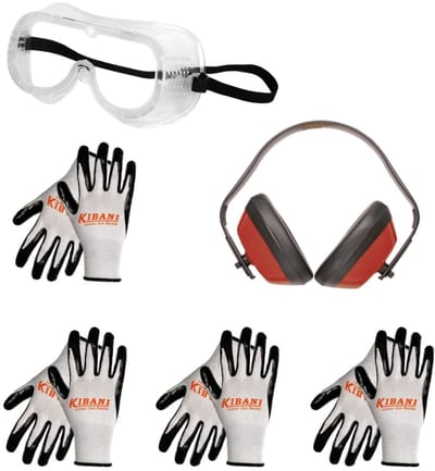 Kibani Veiligheidspakket - 4 Kibani Werkhandschoenen One Size Fits All - 1 Kibani Veiligheidsbril -1 Kibani Gehoorbeschermers