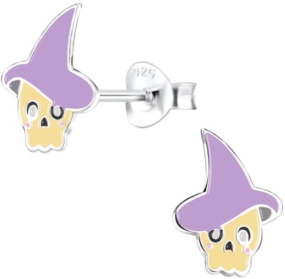 Joy|S - Zilveren halloween oorbellen - heks skull met paarse hoed