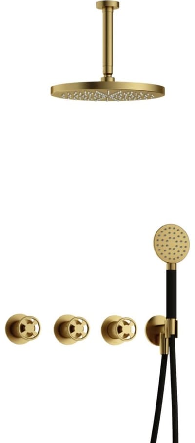 Hotbath Cobber - CW7067 - Inbouw Regendoucheset - Geborsteld Messing PVD - 2 Stopkranen - Thermostatisch - Plafondbuis 15 cm - Hoofddouche 300 mm - Ronde Handdouche 3 Standen - met M106 - Waterbesparend
