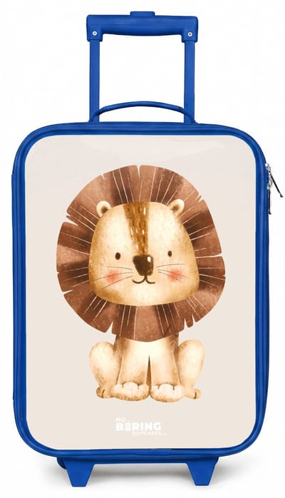 NoBoringSuitcases.com® - Kinderkoffer blauw - Kindertrolley jongen - Leeuw illustratie met beige achtergrond - Koffer kind lichtgewicht - Reiskoffer trolley voor kinderen - Koffertje met lichtgevende wieltjes - Rolkoffer