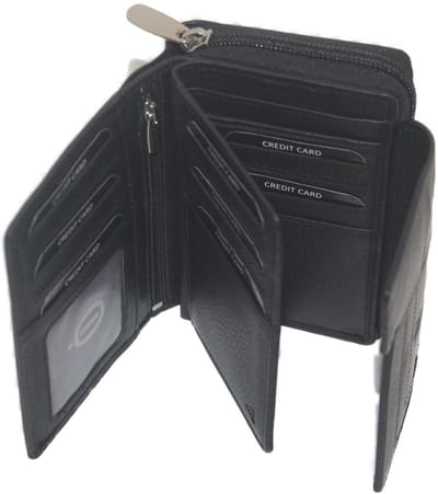 Oi Zwarte leren damesportemonnee met rits / grote zwarte damesbeurs met groot ritsvak / afsluitbare ritsportemonnee voor veel pasjes met uitgebreid kleingeldvak / RFID safe / zwart leer / 283