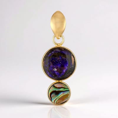 Cavill - Zilveren hanger verguld - 6 ct Ammoliet ronde cabochon en Abalone schelp - 925 Sterling zilver - Kleurrijk exclusief dames sieraad