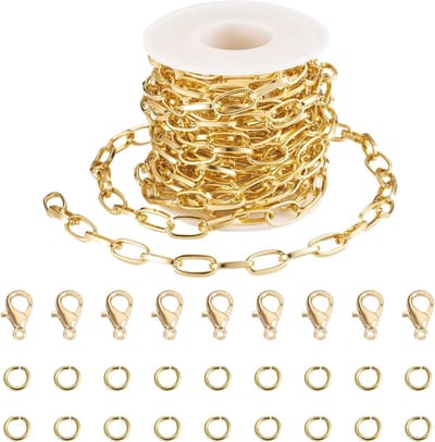 5M Paperclip Aluminium Kettingen 15x8x2mm Gouden Platte Ovale Links voor DIY Sieraden, Armbanden en Kettingen met Kreeftsluitingen en Jump Rings