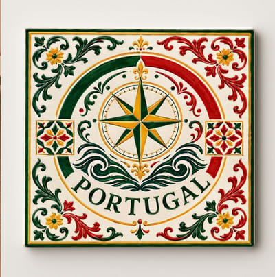 Portugal Decoratieve Keramische Tegel – Kompasroos en Azulejo Stijl Design – Groen Rood Geel Wanddecoratie Tegel – Cultureel Woondecoratie Cadeau