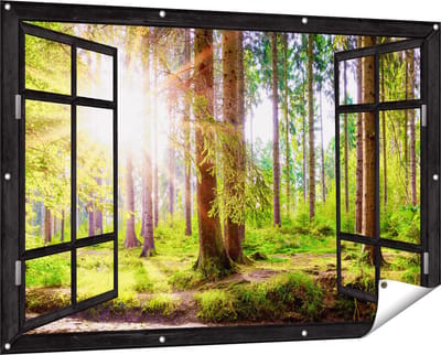 Gards Tuinposter Doorkijk Bos met Zon tussen de Bomen - 150x100 cm - Tuindoek - Tuindecoratie - Wanddecoratie buiten - Tuinschilderij