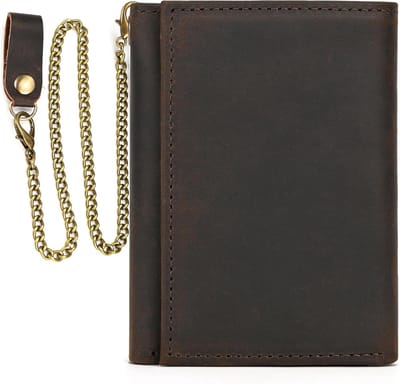 Leren herenportemonnee met ketting, drievoudig gevouwen, met muntcompartiment en 9 kaartsleuven, compact en klassiek ontwerp