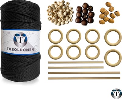 Macramé Pakket | 200 METER | Incl. Handleiding | Zwart | Starter Set | Ringen | Kralen |Stokken | Macramé Touw | 3mm | 100% Katoen | Macramé | Decoratie | DIY | Doe Het Zelf | Wandkleed | Dromenvanger | Plantenhanger | Tassen | TheOldOmen |