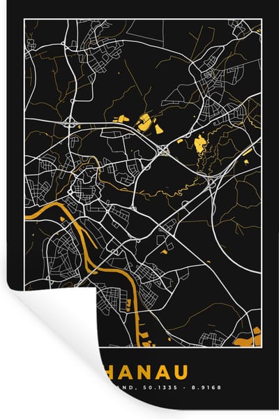 Muurstickers - Sticker Folie - Hanau - Kaart - Goud - Duitsland - Plattegrond - Stadskaart - 20x30 cm - Plakfolie - Muurstickers Kinderkamer - Zelfklevend Behang - Zelfklevend behangpapier - Stickerfolie