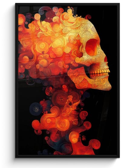 Poster in lijst - Fotolijst 80x120 cm - Posters - Schedel - Oranje - Zijaanzicht - Vlammen - Posterlijst zwart - Decoratie - Wanddecoratie woonkamer - Muurdecoratie slaapkamer